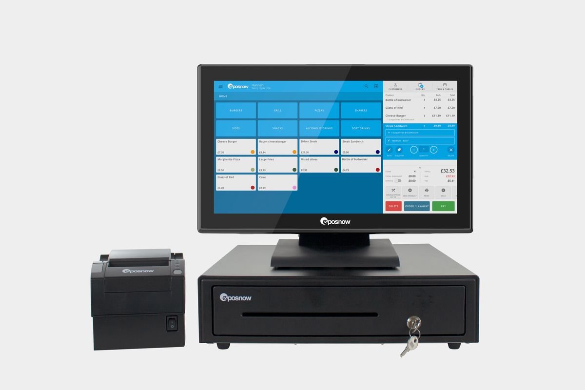 Epos Now hospitality setup with touchscreen terminal, receipt printer and cash drawer